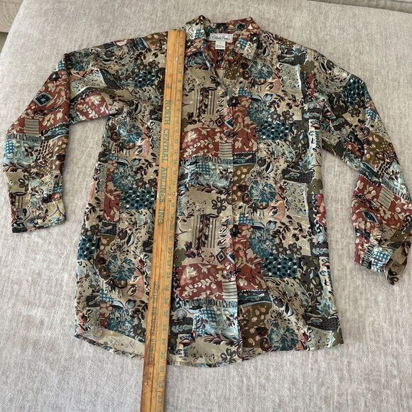 Vintage Womens Cote de France Silk Button Blouse Long Sleeve Brown Multi Sz S - Picture 10 of 13